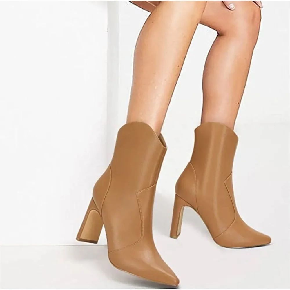 (C-2592) COUTGO Womens Western Ankle Boots High Heels Slim Block Sz 7.5